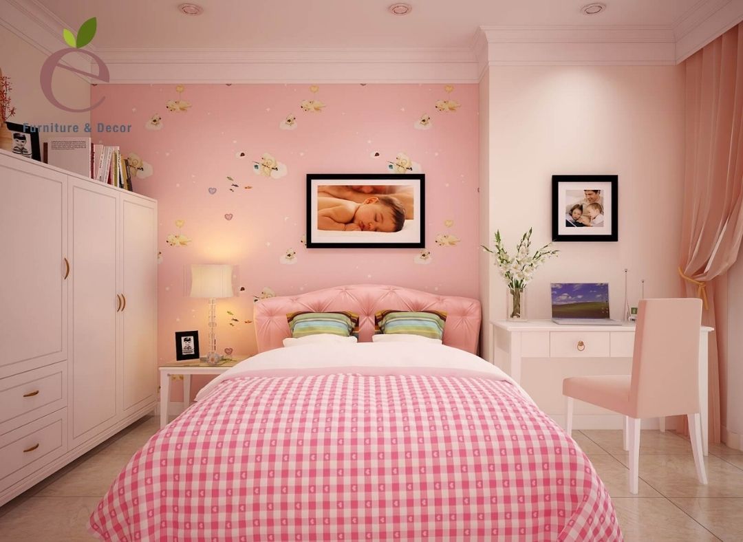 Giường ngủ đơn cho bé gái màu hồng siêu đáng yêu 