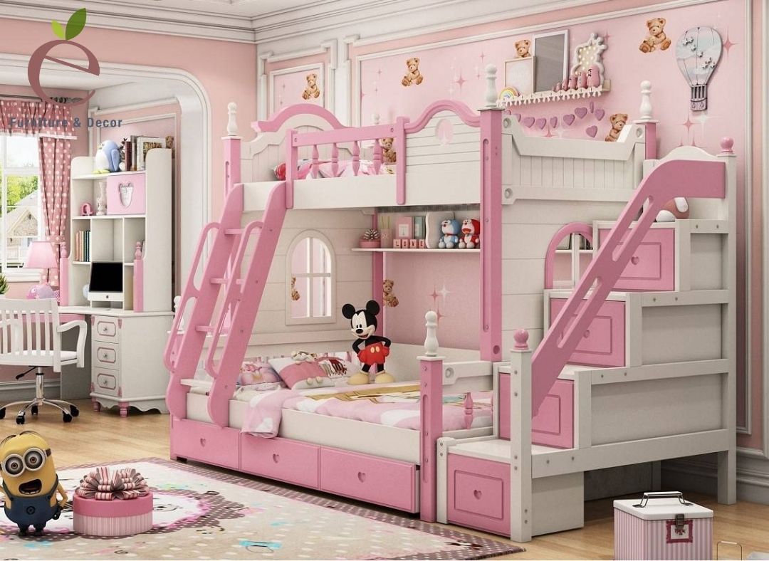 Giường tầng công chúa màu hồng dịu dành dành cho các bé gái