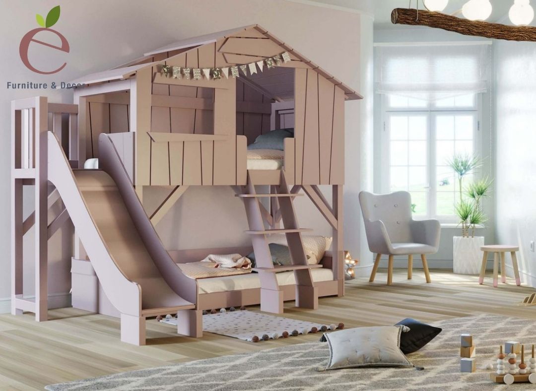 Chất liệu gỗ mang ưu điểm bền chắc và tuổi thọ cao với những chiếc giường tầng xin xắn