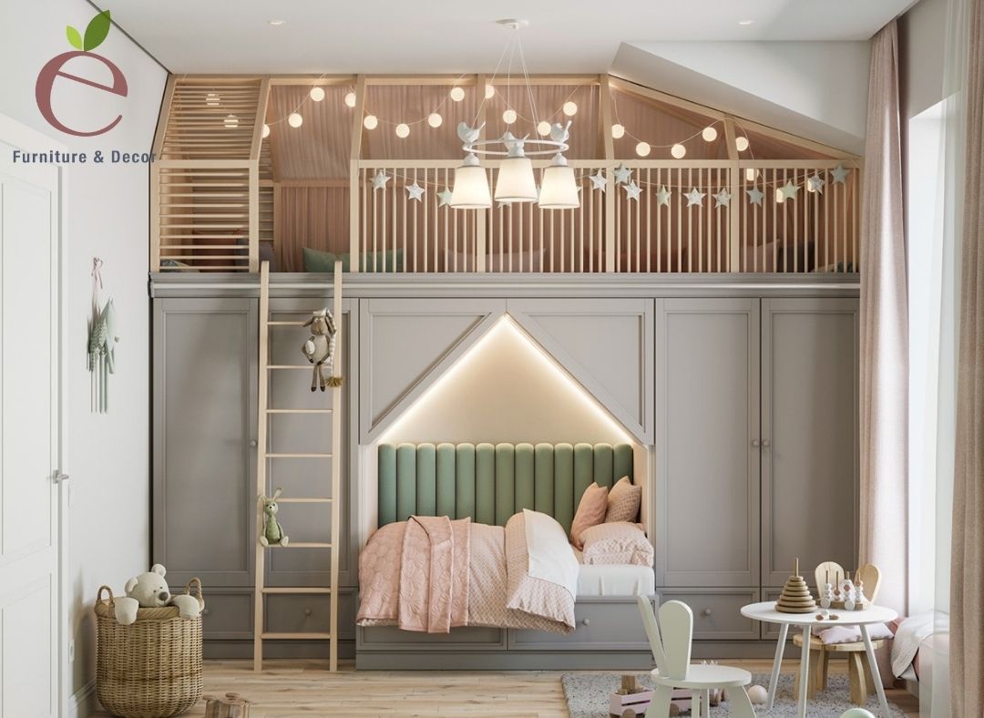 Giường tầng bằng gỗ cho bé siêu đáng yêu