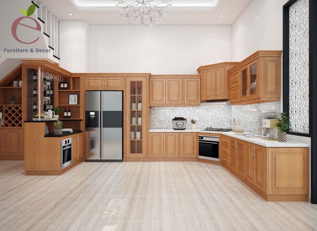 Thiết kế tủ bếp sang trọng bằng gỗ sồi mỹ cho gian nhà bếp tăng thêm tính thẩm mxy