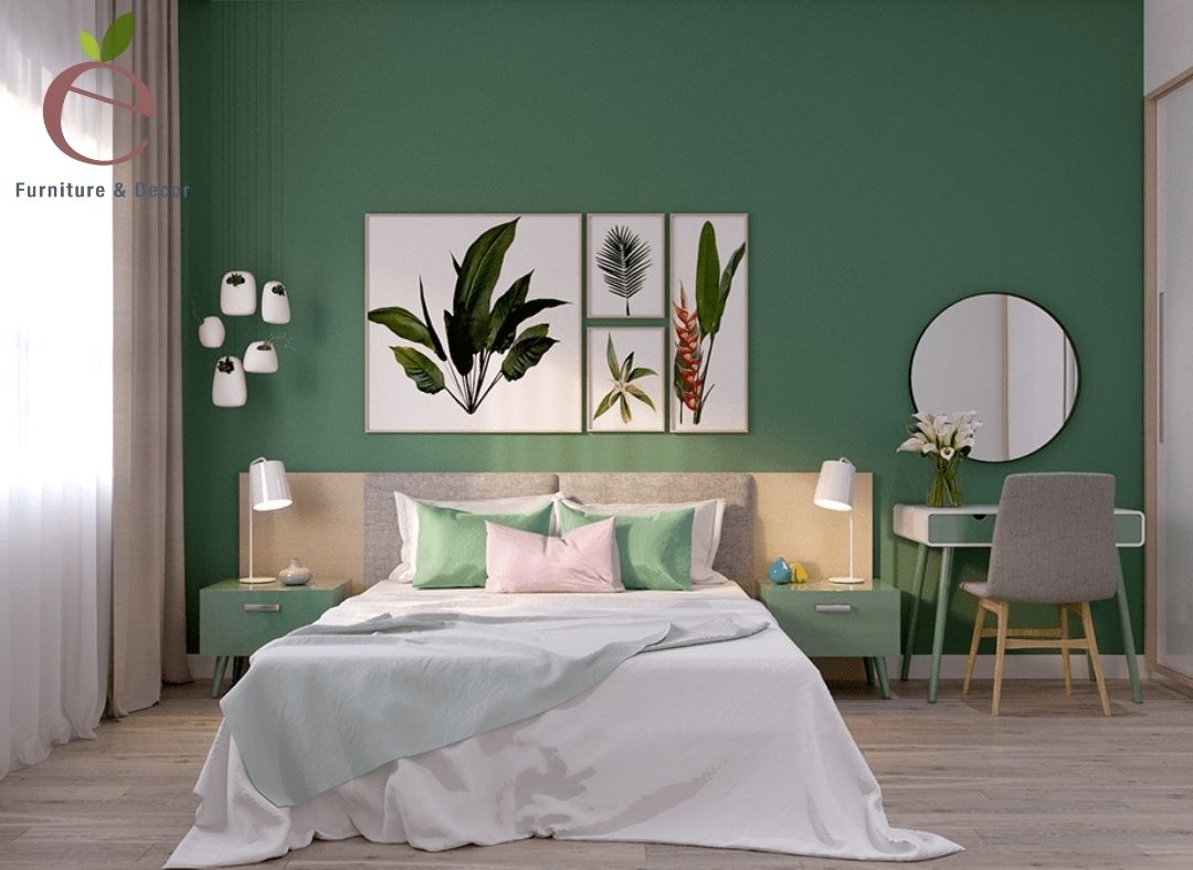 Phòng ngủ đầy tinh tế với gam màu sơn phòng khách xanh lục đẹp 