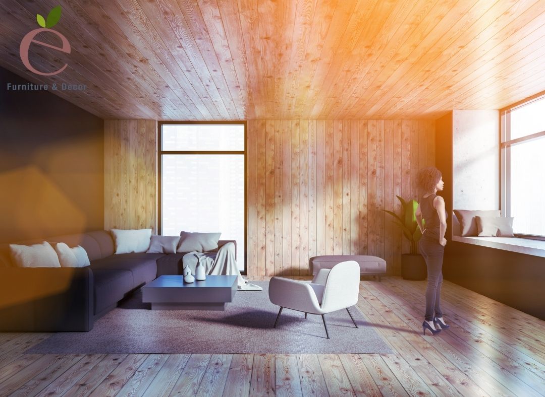 Trang trí vách tường phòng khách bằng gỗ tự nhiên